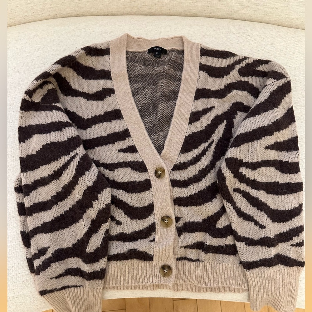 J. Crew fluffy sweater, animal print, cardigan, size XL